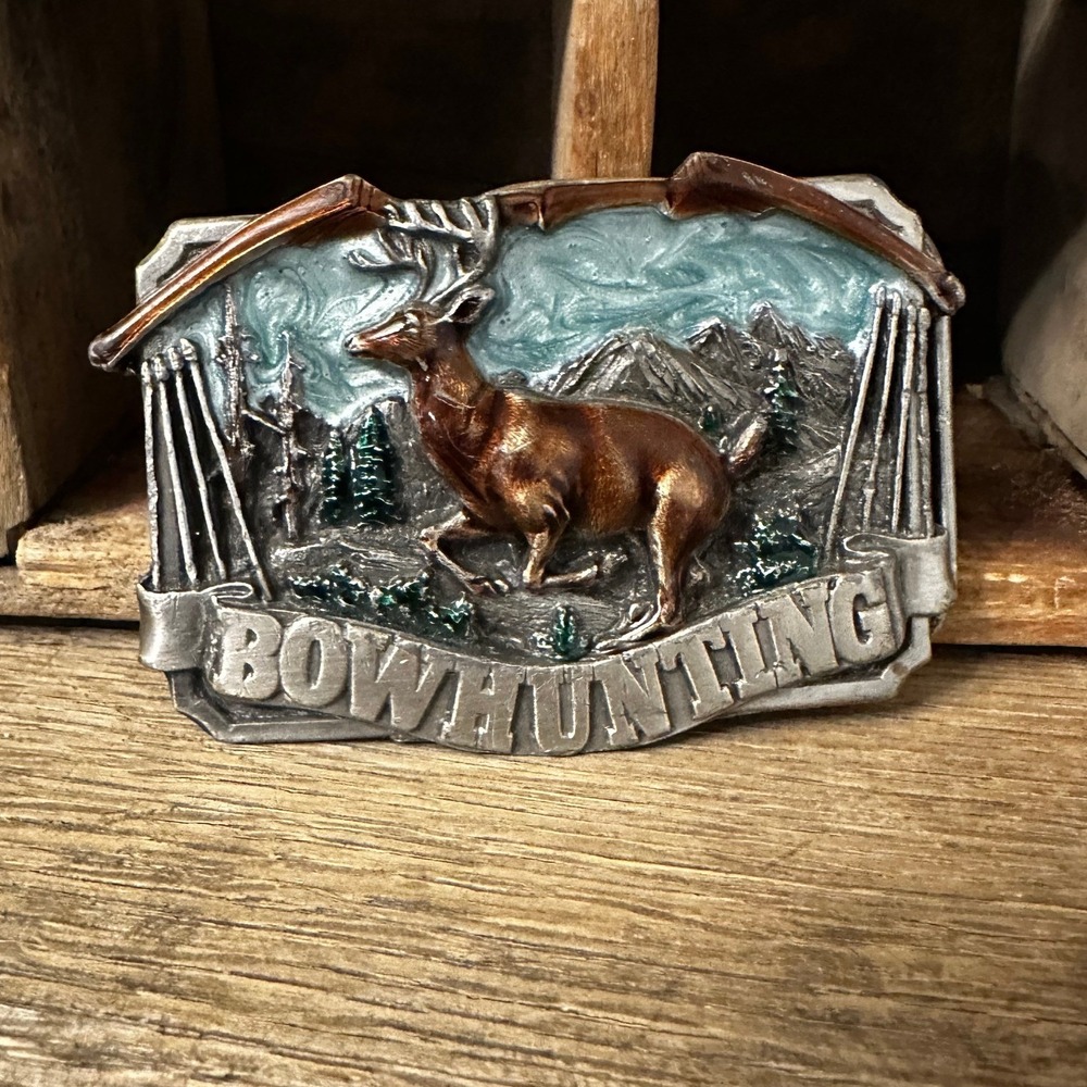 Vintage 1983 Bergamot Brass Works Bowhunting Belt Buckle Siskiyou Co F-146 COLOR